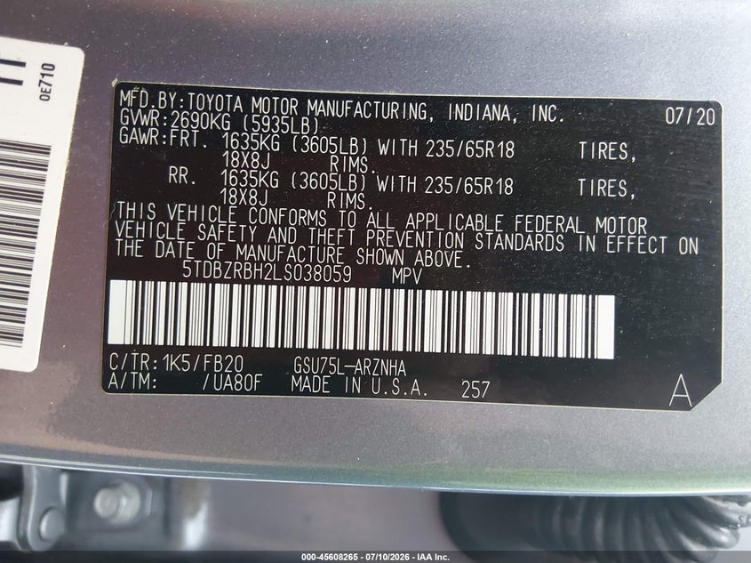 2020 Toyota Highlander VIN 5TDBZRBH2LS038059 IAAI salvage auction — FRONT END, Clear (Missouri), sold $9,075 on 2026-07-16 (photo 9)
