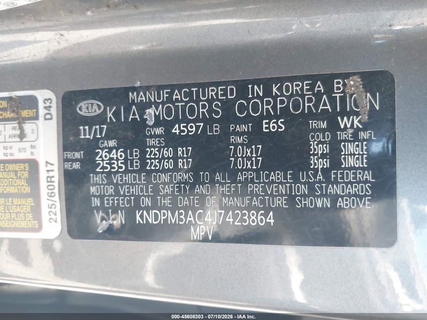 2018 Kia Sportage VIN KNDPM3AC4J7423864 IAAI salvage auction — RIGHT SIDE, Salvage Title, sold $2,100 on 2026-07-29 (photo 9)