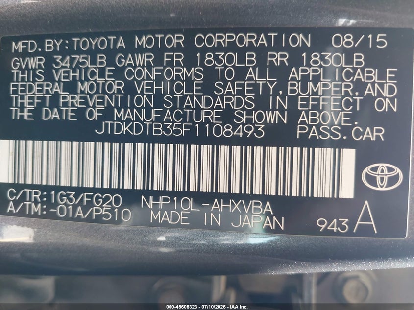 2015 Toyota Prius c VIN JTDKDTB35F1108493 IAAI salvage auction — FRONT & REAR, Salvage (California), sold $200 on 2026-07-29 (photo 9)