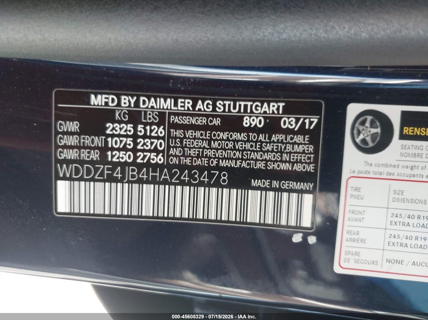 2017 Mercedes-benz E-klasse VIN WDDZF4JB4HA243478 IAAI salvage auction — REAR END, Salvage Title, sold $4,050 on 2026-07-31 (photo 9)