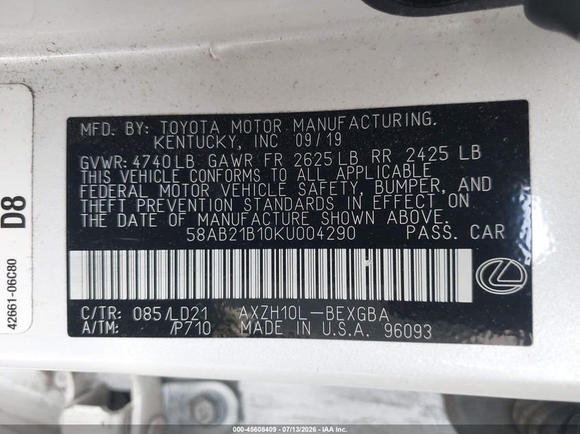 2019 Lexus ES VIN 58AB21B10KU004290 IAAI salvage auction — LEFT FRONT, Salvage (Arizona), sold $7,700 on 2026-07-31 (photo 9)