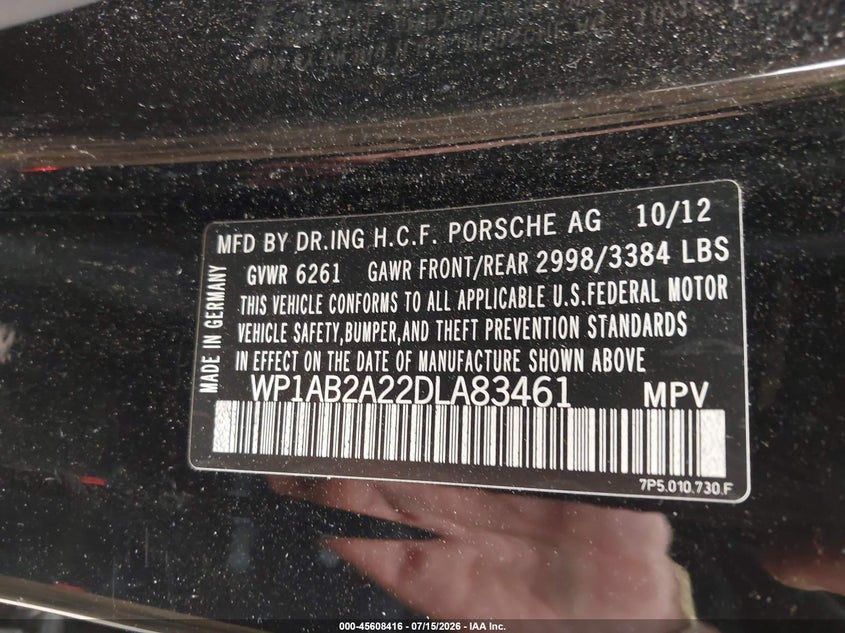 2013 Porsche Cayenne VIN WP1AB2A22DLA83461 IAAI salvage auction — NORMAL WEAR, Clear (Massachusetts), sold $25 on 2026-07-21 (photo 9)