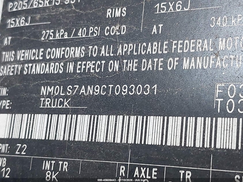 2012 Ford Transit VIN NM0LS7AN9CT093031 IAAI salvage auction — UNKNOWN, Original (Texas), sold $275 on 2026-07-24 (photo 9)