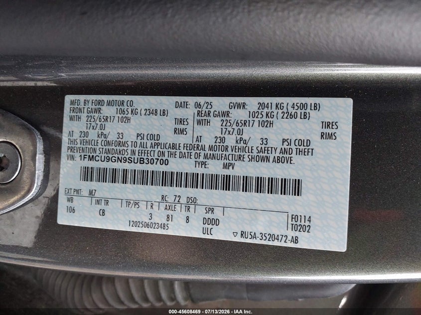 2025 Ford Escape VIN 1FMCU9GN9SUB30700 IAAI salvage auction — FRONT END, Enterprise Vehicles Clear Only (Illinois), sold $11,150 on 2026-07-29 (photo 9)