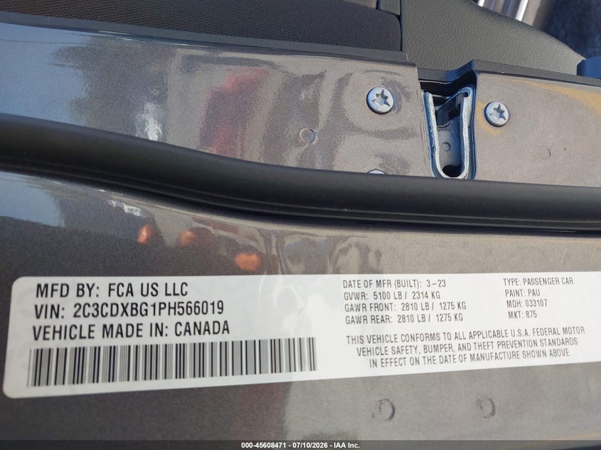 2023 Dodge Charger VIN 2C3CDXBG1PH566019 IAAI salvage auction — FRONT END, Salvage Title, sold $3,700 on 2026-07-29 (photo 9)