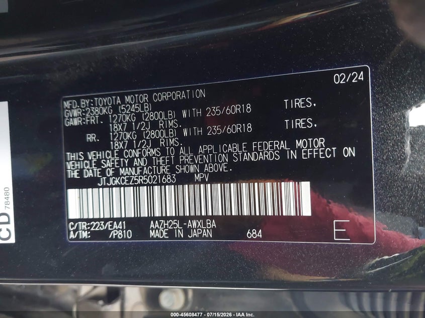 2024 Lexus Nx VIN JTJGKCEZ5R5021683 IAAI salvage auction — Burn Engine, Salvage Title, sold $23,625 on 2026-08-11 (photo 9)
