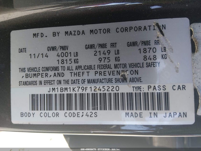 2015 Mazda 3 VIN JM1BM1K79F1245220 IAAI salvage auction — NORMAL WEAR, Salvage (Arkansas), sold $900 on 2026-07-22 (photo 9)
