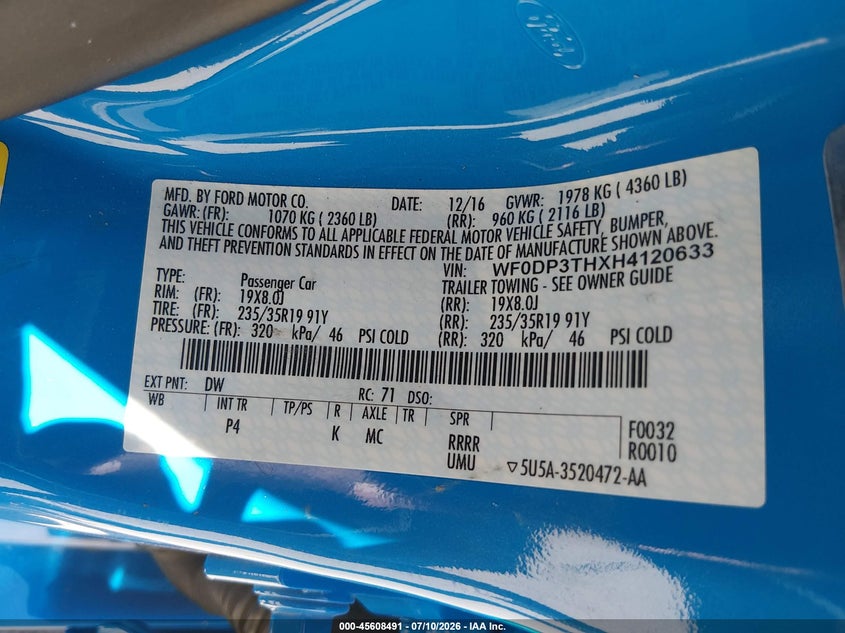 2017 Ford Focus rs VIN WF0DP3THXH4120633 IAAI salvage auction — REAR END, Salvage Title, sold $8,250 on 2026-08-06 (photo 9)