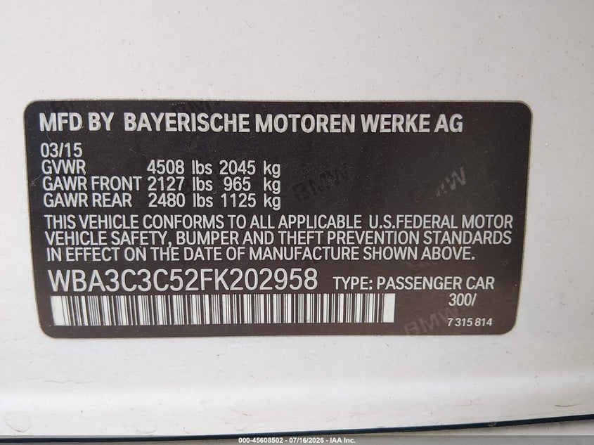 2015 BMW 3er VIN WBA3C3C52FK202958 IAAI salvage auction — RIGHT FRONT, Salvage (Missouri), sold $1,925 on 2026-08-13 (photo 9)
