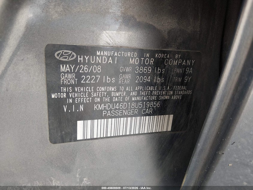2008 Hyundai Elantra VIN KMHDU46D18U519856 IAAI salvage auction — FRONT END, Salvage (Pennsylvania), sold $525 on 2026-07-31 (photo 9)