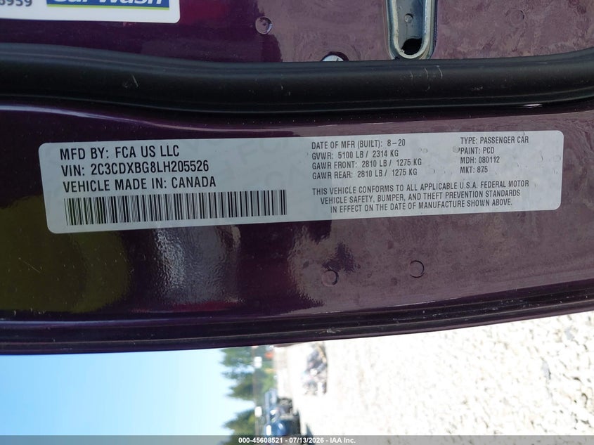 2020 Dodge Charger VIN 2C3CDXBG8LH205526 IAAI salvage auction — RIGHT SIDE, Salvage Title, sold $6,100 on 2026-07-30 (photo 9)