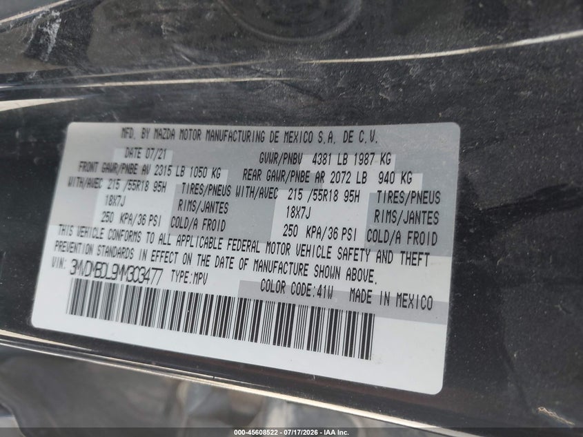 2021 Mazda Cx-30 VIN 3MVDMBDL9MM303477 IAAI salvage auction — HAIL, Salvage (Iowa), sold $8,675 on 2026-09-01 (photo 9)