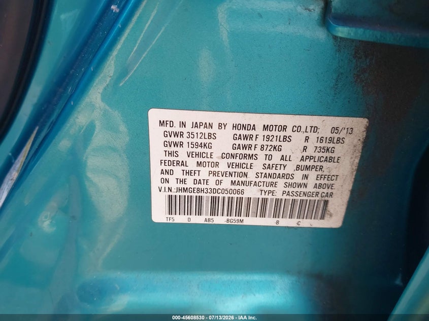 2013 Honda Fit VIN JHMGE8H33DC050066 IAAI salvage auction — NORMAL WEAR, Salvage (California), sold $400 on 2026-07-30 (photo 9)