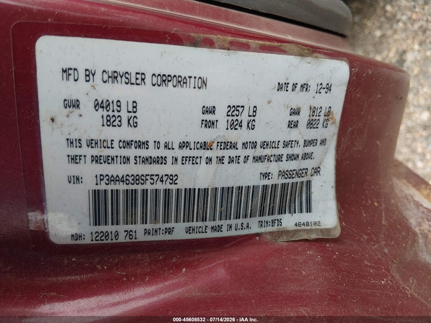 1995 Plymouth Acclaim VIN 1P3AA4638SF574792 IAAI salvage auction — NORMAL WEAR, Clear (Mississippi), sold $50 on 2026-07-22 (photo 9)