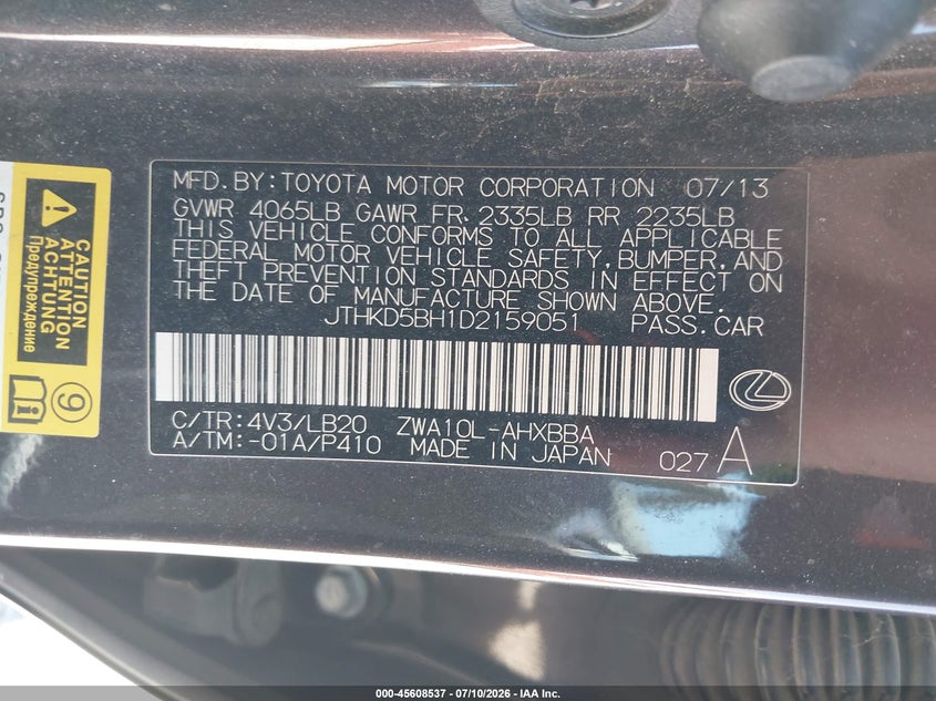 2013 Lexus Ct 200h VIN JTHKD5BH1D2159051 IAAI salvage auction — NORMAL WEAR, Clear (California), sold $2,725 on 2026-07-16 (photo 9)