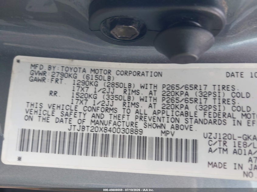 2004 Lexus Gx 470 VIN JTJBT20X840030889 IAAI salvage auction — NORMAL WEAR, Clear (Virginia), sold $1,000 on 2026-07-21 (photo 9)