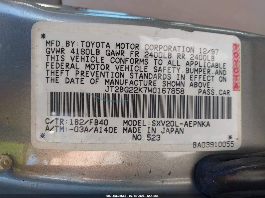 1998 Toyota Camry VIN JT2BG22K7W0167858 IAAI salvage auction — NORMAL WEAR, Clear, sold $350 on 2026-07-22 (photo 9)