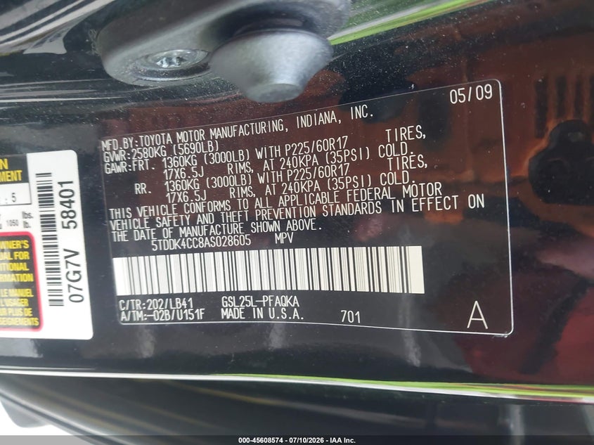 2010 Toyota Sienna VIN 5TDDK4CC8AS028605 IAAI salvage auction — NORMAL WEAR, Clear (Missouri), sold $1,100 on 2026-07-22 (photo 9)
