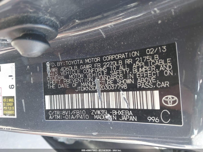 2013 Toyota Prius plug-in VIN JTDKN3DP2D3037798 IAAI salvage auction — SIDE, Clear (Massachusetts), sold $4,850 on 2026-07-16 (photo 9)