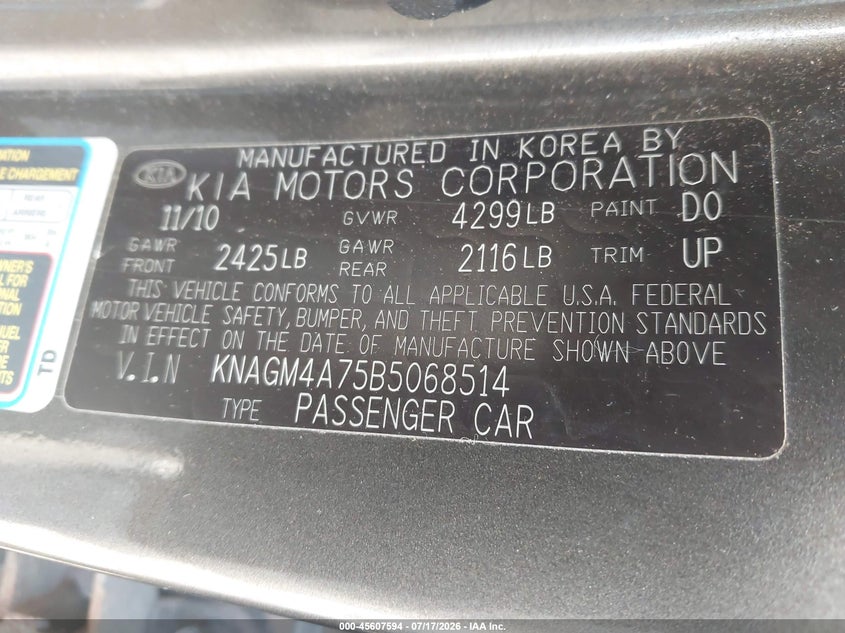 2011 Kia Optima VIN KNAGM4A75B5068514 IAAI salvage auction — SIDE, Mv-907A (New York), sold $25 on 2026-07-28 (photo 9)