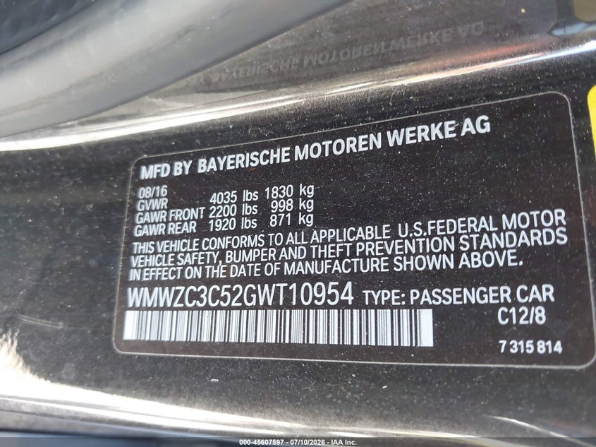 2016 Mini Countryman VIN WMWZC3C52GWT10954 IAAI salvage auction — RIGHT FRONT, Wait Title, sold $1,575 on 2026-08-12 (photo 9)