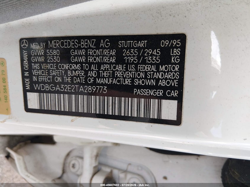 1996 Mercedes-benz S class VIN WDBGA32E2TA289773 IAAI salvage auction — NORMAL WEAR, Clear (Tennessee), sold $25 on 2026-07-29 (photo 9)