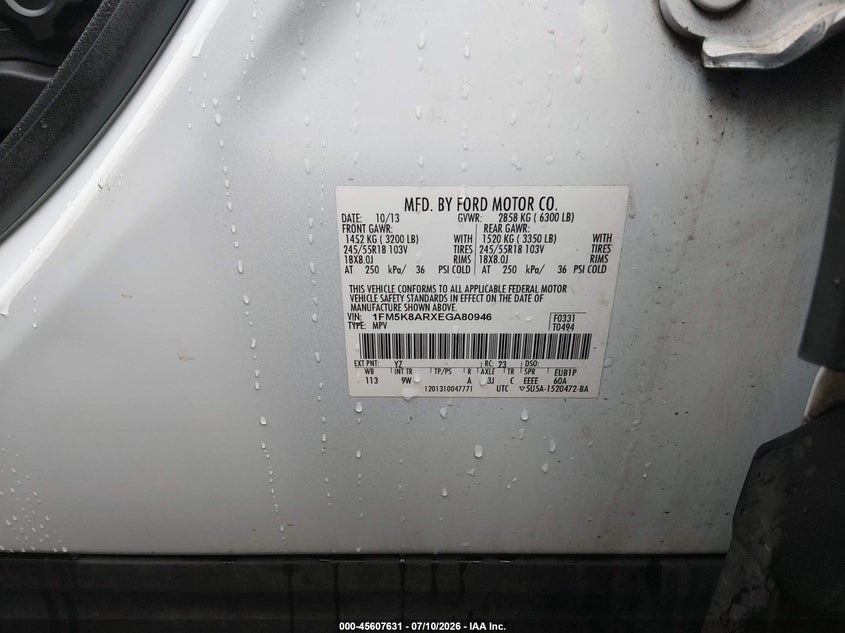 2014 Ford Police interceptor utility VIN 1FM5K8ARXEGA80946 IAAI salvage auction — NORMAL WEAR, Clear (Tennessee), sold $750 on 2026-07-16 (photo 9)