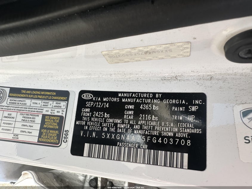 2015 Kia Optima VIN 5XXGN4A75FG403708 IAAI salvage auction — NORMAL WEAR, Clear - Dealer Only (California), sold $25 on 2026-07-27 (photo 8)
