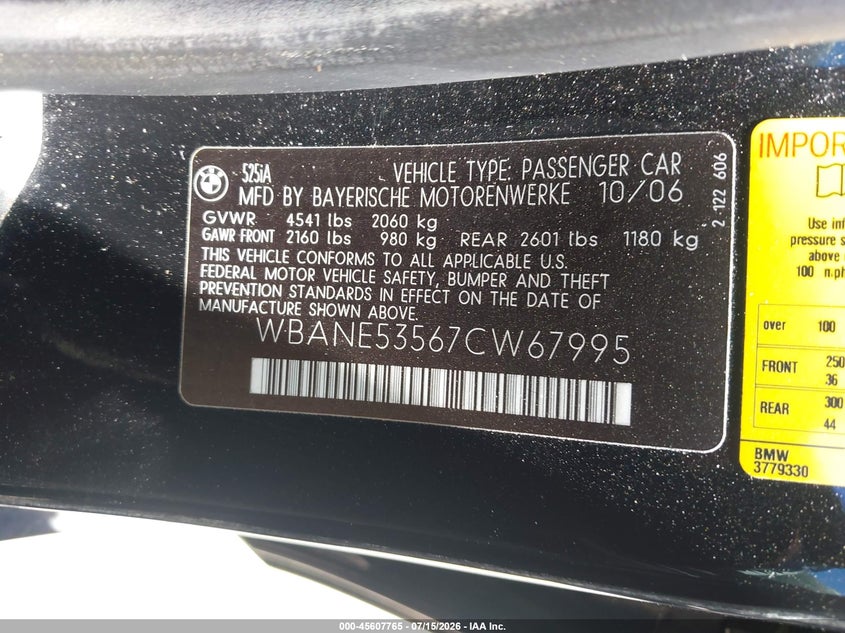 2007 BMW 5 series VIN WBANE53567CW67995 IAAI salvage auction — NORMAL WEAR, Clear - Dealer Only (California), sold $25 on 2026-07-23 (photo 9)