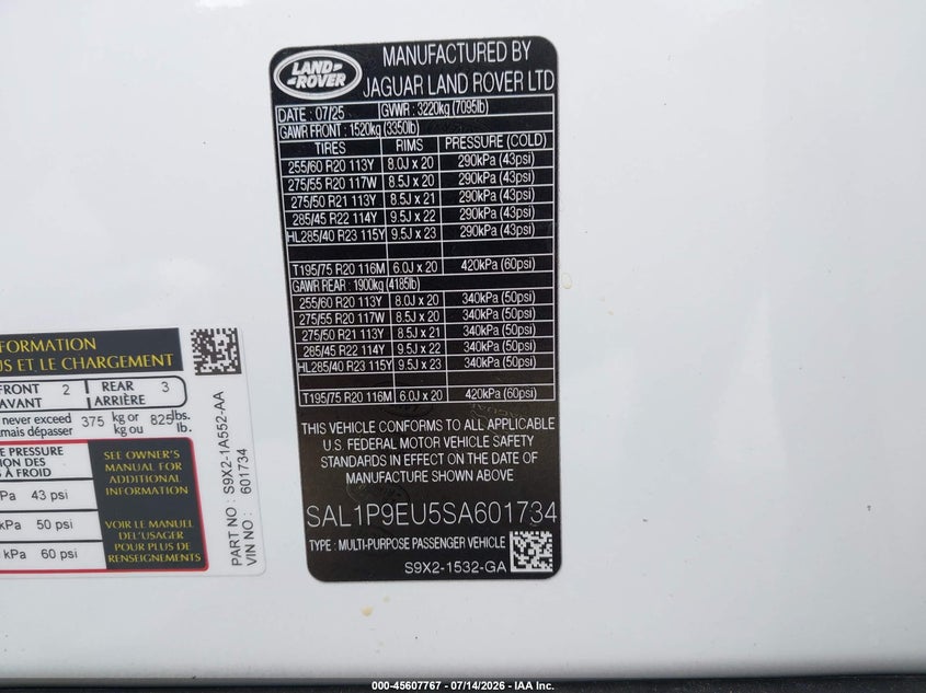 2025 Land rover Range rover sport VIN SAL1P9EU5SA601734 IAAI salvage auction — RIGHT REAR, Salvage Title, sold $61,000 on 2026-08-24 (photo 9)