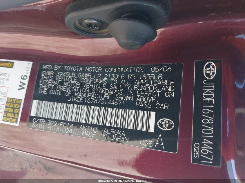 2007 Scion Tc VIN JTKDE167870144671 IAAI salvage auction — NORMAL WEAR, Clear-Dealer Only (Arizona), sold $400 on 2026-07-23 (photo 9)