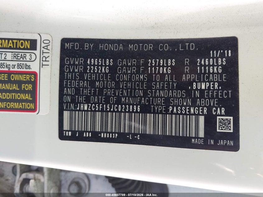 2018 Honda Clarity VIN JHMZC5F15JC023896 IAAI salvage auction — NORMAL WEAR, Clear - Dealer Only (California), sold $2,125 on 2026-07-23 (photo 9)