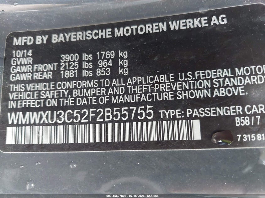 2015 Mini Hard top VIN WMWXU3C52F2B55755 IAAI salvage auction — FRONT END, Salvage Title, sold $500 on 2026-08-20 (photo 9)