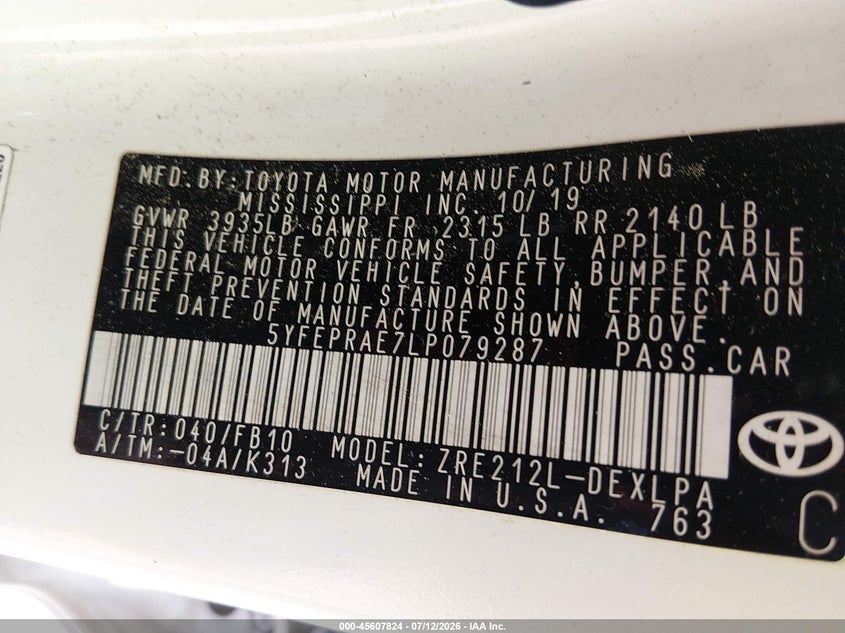2020 Toyota Corolla VIN 5YFEPRAE7LP079287 IAAI salvage auction — REAR END, Wait Title, sold $1,700 on 2026-08-20 (photo 9)