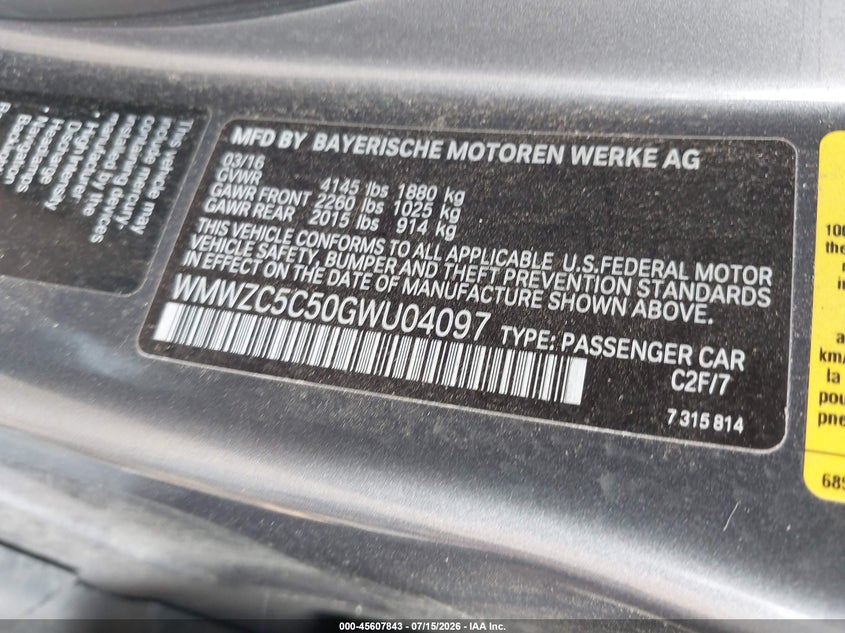 2016 Mini Countryman VIN WMWZC5C50GWU04097 IAAI salvage auction — FRONT END, Salvage Title, sold $1,150 on 2026-08-11 (photo 9)