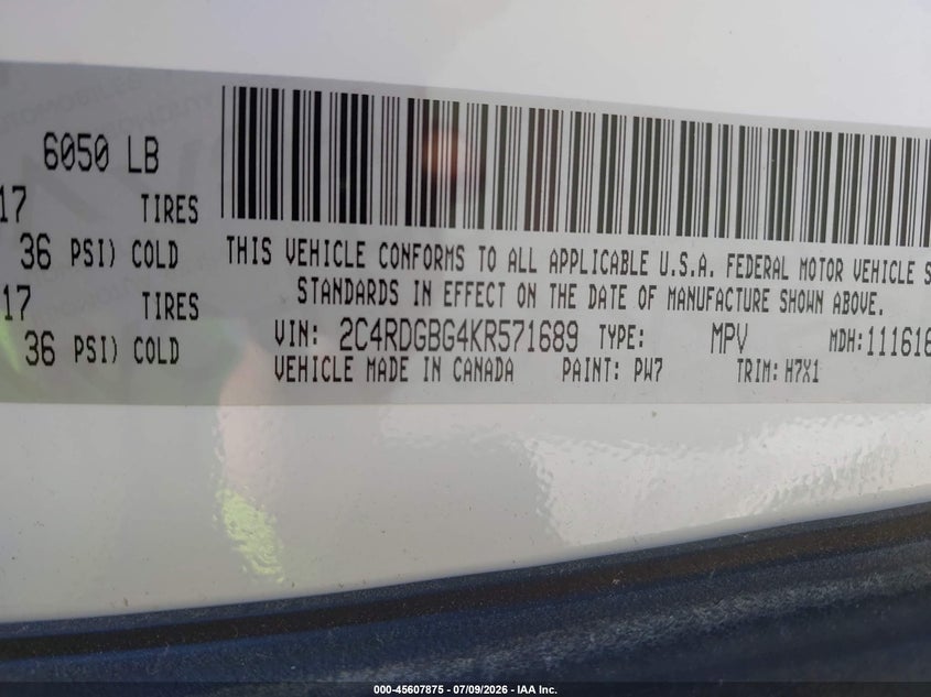 2019 Dodge Grand caravan VIN 2C4RDGBG4KR571689 IAAI salvage auction — NORMAL WEAR, Sf97 (California), sold $16,325 on 2026-07-30 (photo 9)