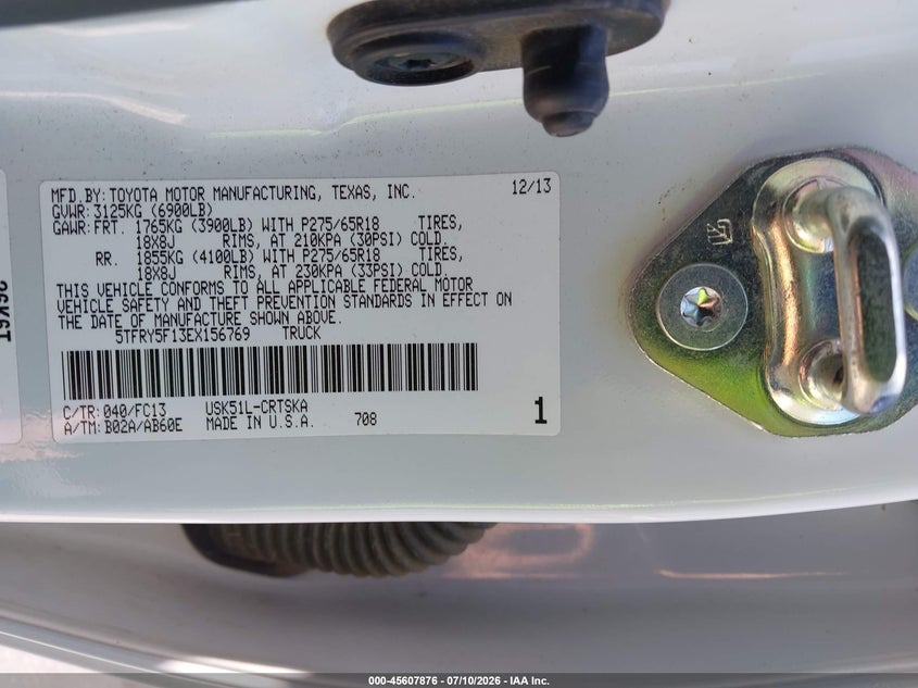 2014 Toyota Tundra VIN 5TFRY5F13EX156769 IAAI salvage auction — FRONT END, Salvage Certificate (California), sold $25 on 2026-07-24 (photo 9)