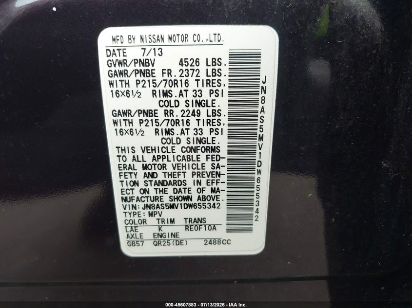 2013 Nissan Rogue VIN JN8AS5MV1DW655342 IAAI salvage auction — FRONT END, Salvage Title, sold $325 on 2026-07-31 (photo 9)