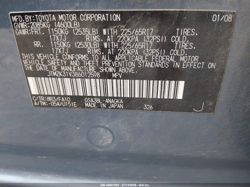 2008 Toyota Rav4 VIN JTMZK31V386012598 IAAI salvage auction — NORMAL WEAR, Clear-Dealer Only (Utah), sold $1,650 on 2026-07-28 (photo 9)