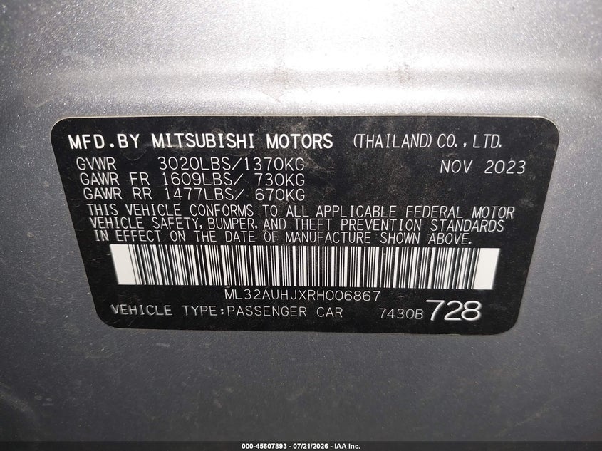 2024 Mitsubishi Mirage VIN ML32AUHJXRH006867 IAAI salvage auction — FRONT END, Salvage Title, sold $4,350 on 2026-07-30 (photo 9)