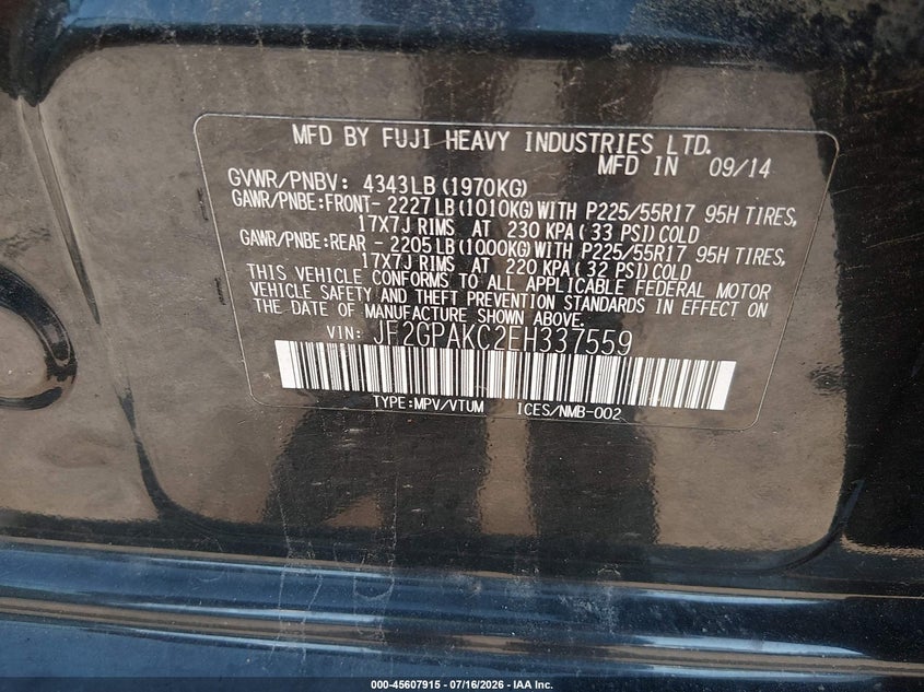 2014 Subaru Xv VIN JF2GPAKC2EH337559 IAAI salvage auction — NORMAL WEAR, Original (New Hampshire), sold $300 on 2026-07-29 (photo 9)