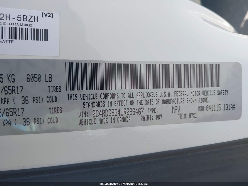 2018 Dodge Grand caravan VIN 2C4RDGBG4JR296467 IAAI salvage auction — NORMAL WEAR, Sf97 (Hawaii), sold $8,600 on 2026-07-28 (photo 9)