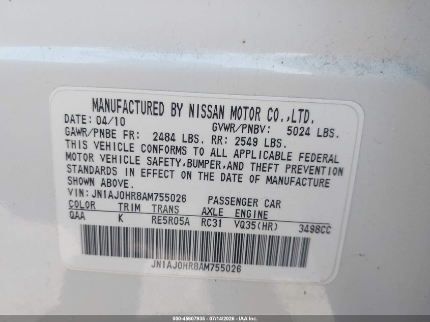 2010 Infiniti Ex35 VIN JN1AJ0HR8AM755026 IAAI salvage auction — NORMAL WEAR, Clear (Missouri), sold $1,450 on 2026-07-21 (photo 9)