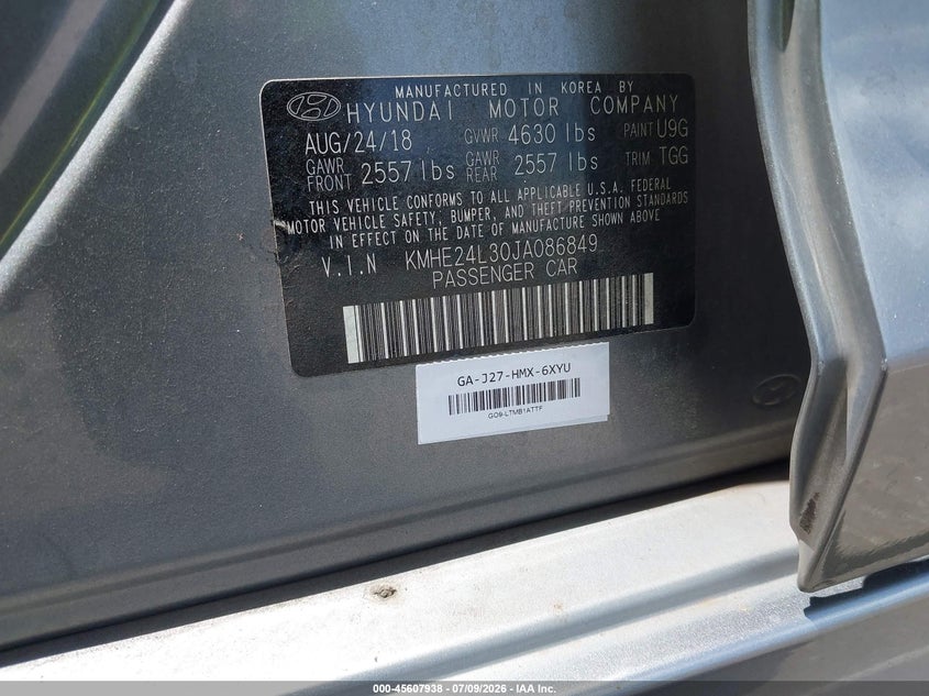 2018 Hyundai Sonata hybrid VIN KMHE24L30JA086849 IAAI salvage auction — NORMAL WEAR, Sf97 (Hawaii), sold $5,900 on 2026-07-28 (photo 9)