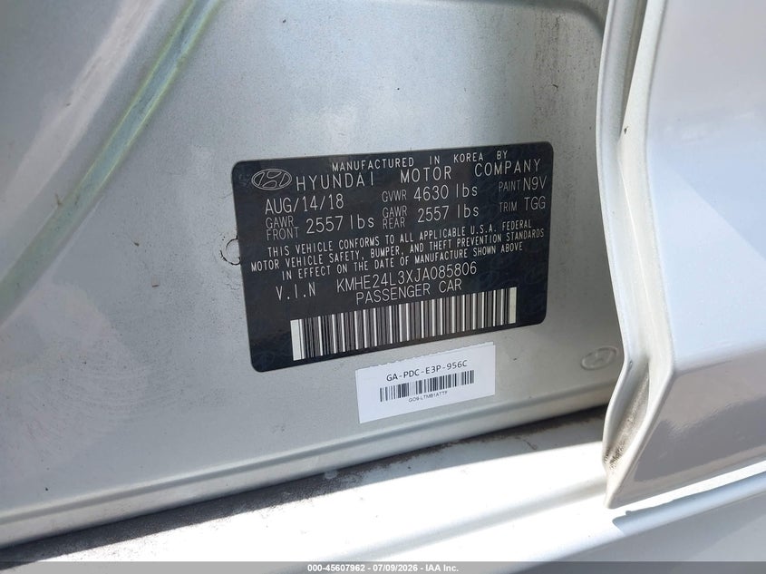 2018 Hyundai Sonata hybrid VIN KMHE24L3XJA085806 IAAI salvage auction — NORMAL WEAR, Sf97 (Hawaii), sold $1,300 on 2026-07-28 (photo 9)