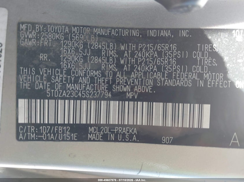 2005 Toyota Sienna VIN 5TDZA23C45S237794 IAAI salvage auction — NORMAL WEAR, Salvage Title - Dealer (California), sold $550 on 2026-07-29 (photo 9)