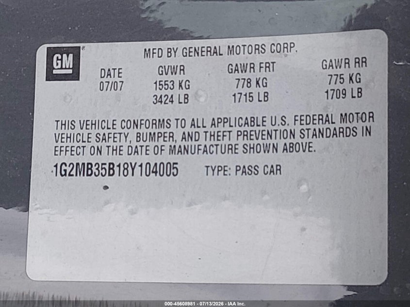2008 Pontiac Solstice VIN 1G2MB35B18Y104005 IAAI salvage auction — RIGHT SIDE, Salvage (Nevada), sold $400 on 2026-07-31 (photo 9)