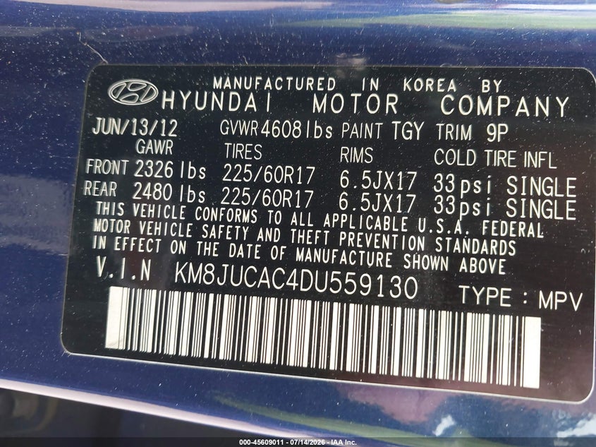 2013 Hyundai Tucson VIN KM8JUCAC4DU559130 IAAI salvage auction — NORMAL WEAR, Original (Maine), sold $1,500 on 2026-07-30 (photo 9)