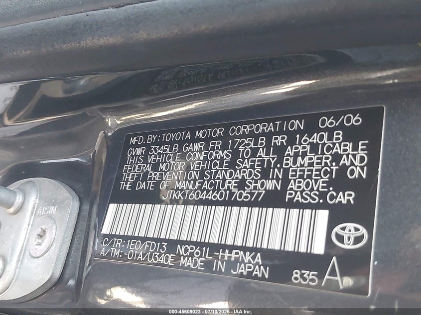 2006 Scion Xa VIN JTKKT604460170577 IAAI salvage auction — LEFT FRONT, Salvage (California), sold $725 on 2026-07-22 (photo 9)
