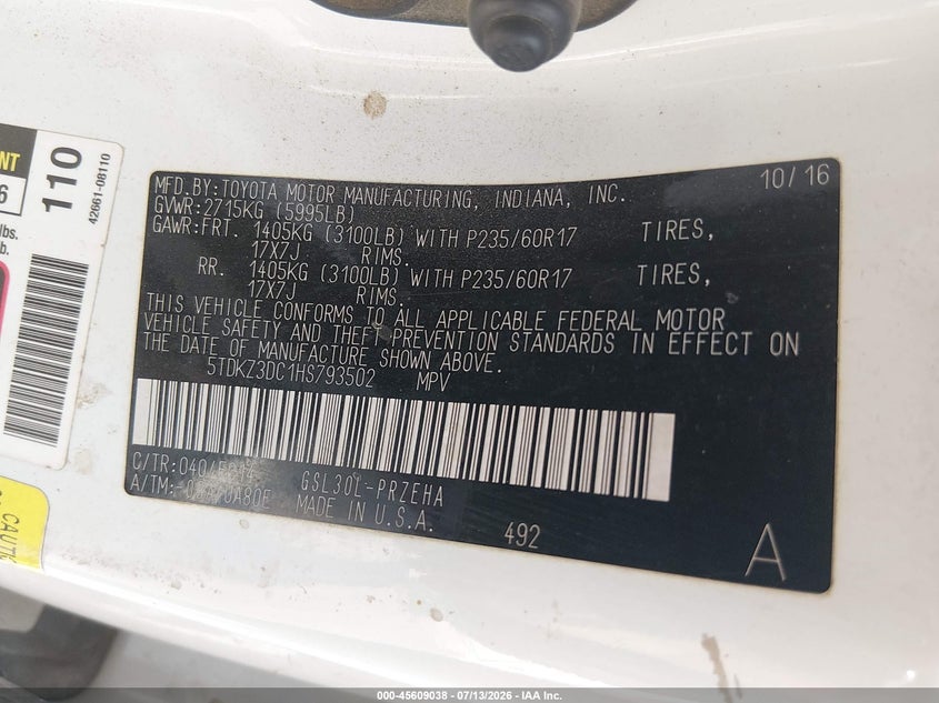 2017 Toyota Sienna VIN 5TDKZ3DC1HS793502 IAAI salvage auction — ENGINE DAMAGE, Salvage (Arizona), sold $1,325 on 2026-07-30 (photo 9)
